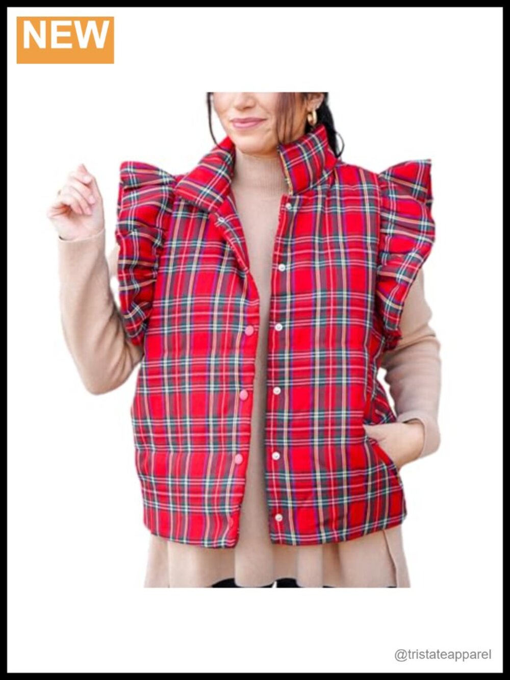 Quilted Plaid Puffer Vest Sleeveless High Neck Snap Front Pockets
